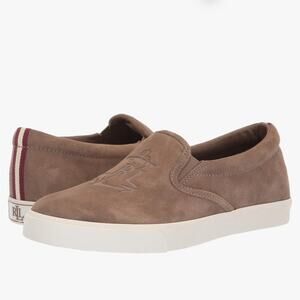 Lauren Ralph Lauren Ricci suede slip on shoes leather logo Sneaker khaki Sz 9